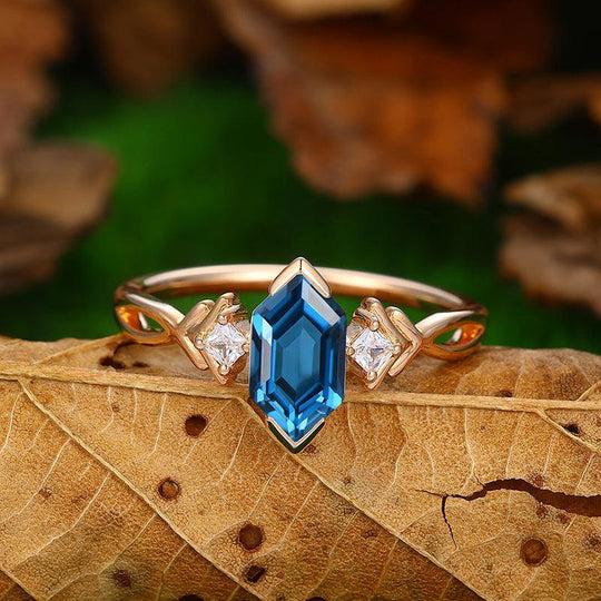 1.1CT long hexagon cut 14k gold twisted leaf design London blue topaz moissanite engagement ring - Esdomera