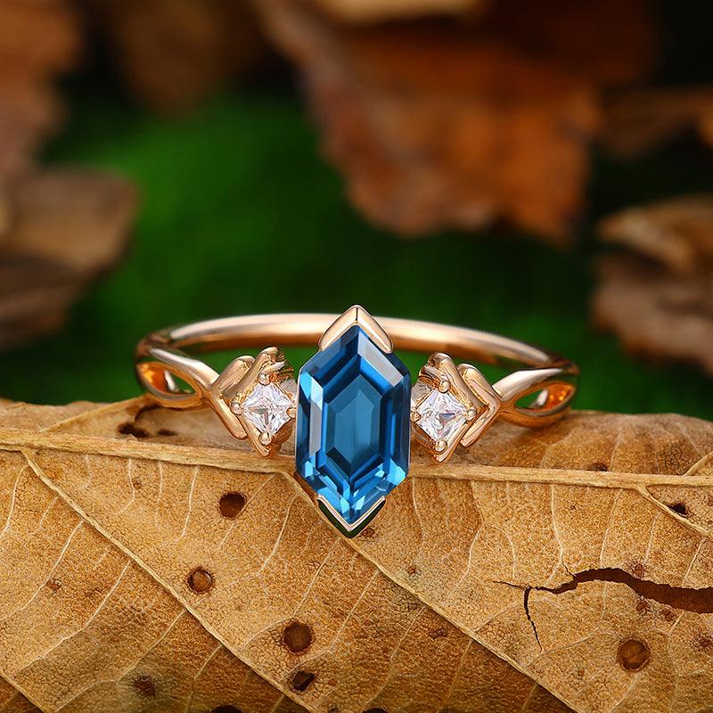 1.1CT long hexagon cut 14k gold twisted leaf design London blue topaz moissanite engagement ring - Esdomera