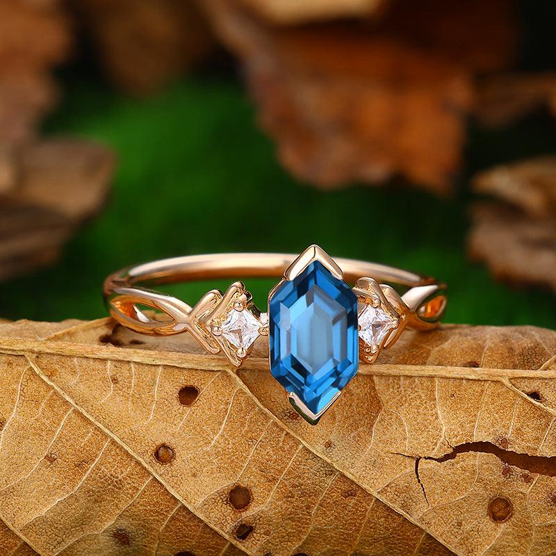 1.1CT long hexagon cut 14k gold twisted leaf design London blue topaz moissanite engagement ring - Esdomera