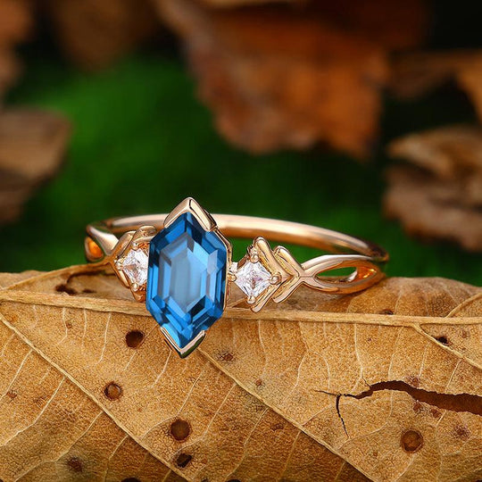 1.1CT long hexagon cut 14k gold twisted leaf design London blue topaz moissanite engagement ring - Esdomera