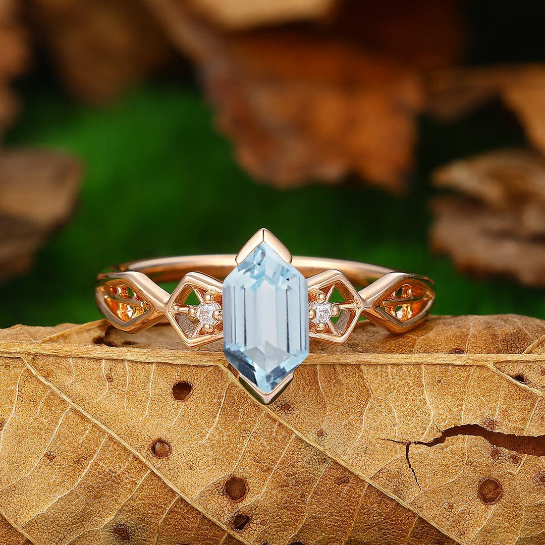 1.1CT Long Hexagon Cut Aquamarine Ring Moissanite Inlaid Ring For Women Gift - Esdomera