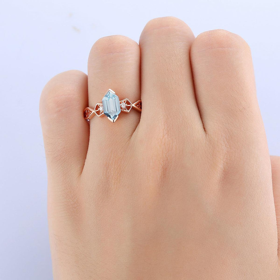 1.1CT Long Hexagon Cut Aquamarine Ring Moissanite Inlaid Ring For Women Gift - Esdomera