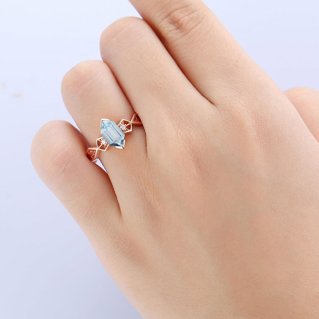 1.1CT Long Hexagon Cut Aquamarine Ring Moissanite Inlaid Ring For Women Gift - Esdomera