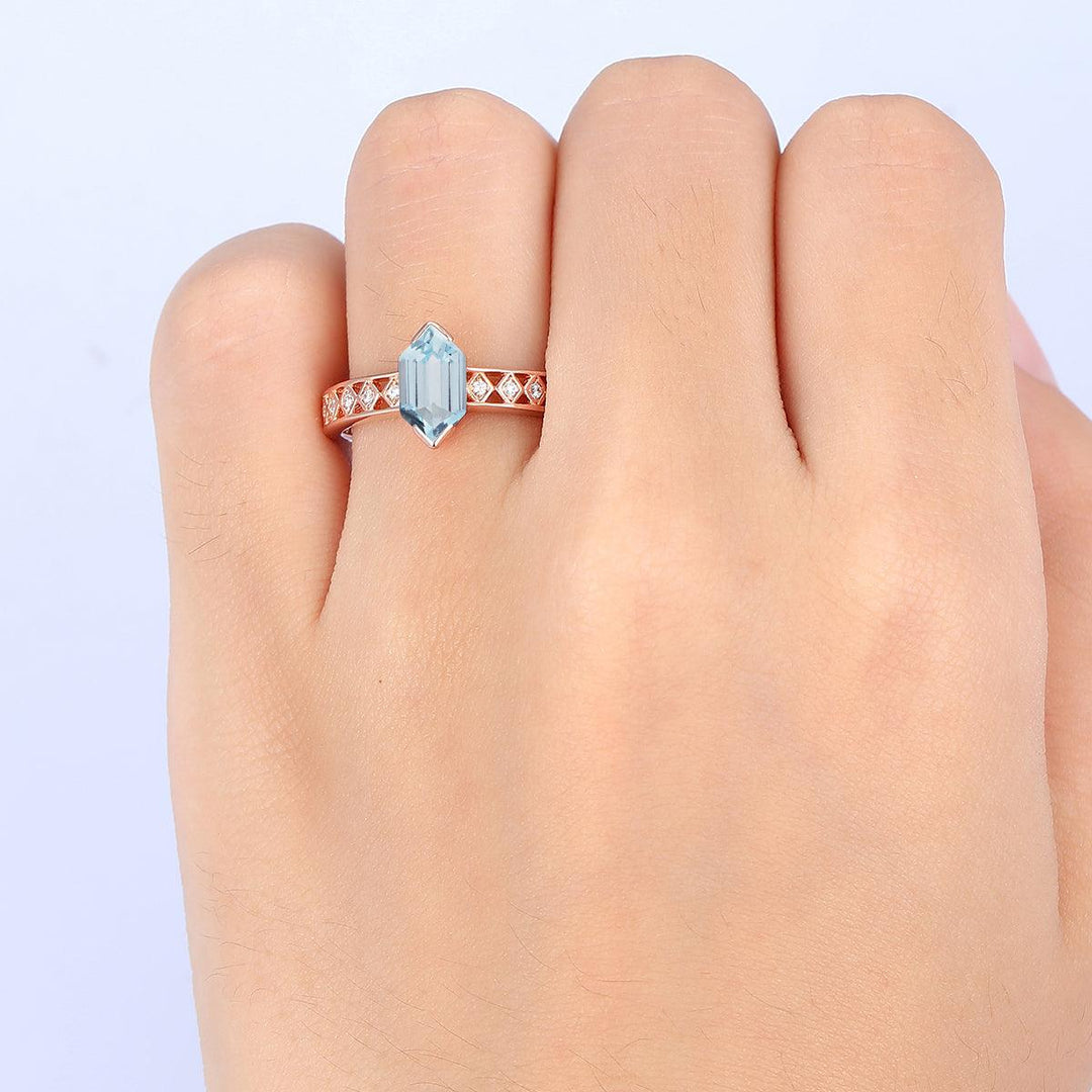 1.1CT Long Hexagon Cut Half Eternity Aquamarine Ring Anniversary Bridal Ring - Esdomera