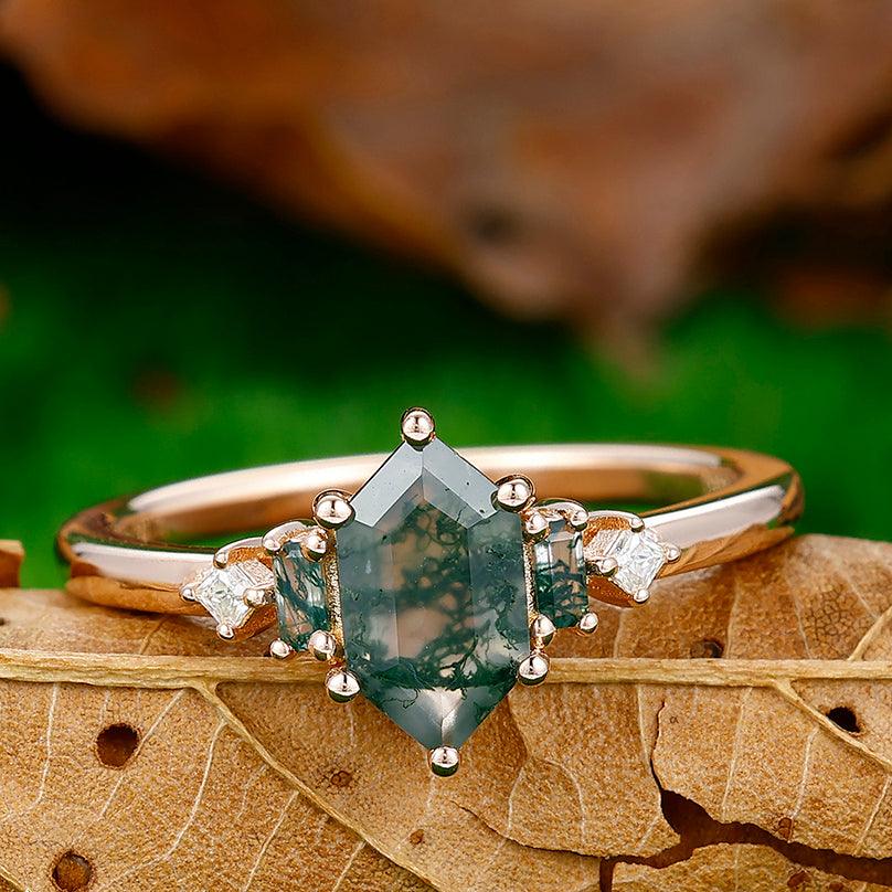 1.1CT Long Hexagon Cut Moss Agate Engagement Ring For Women Gift - Esdomera