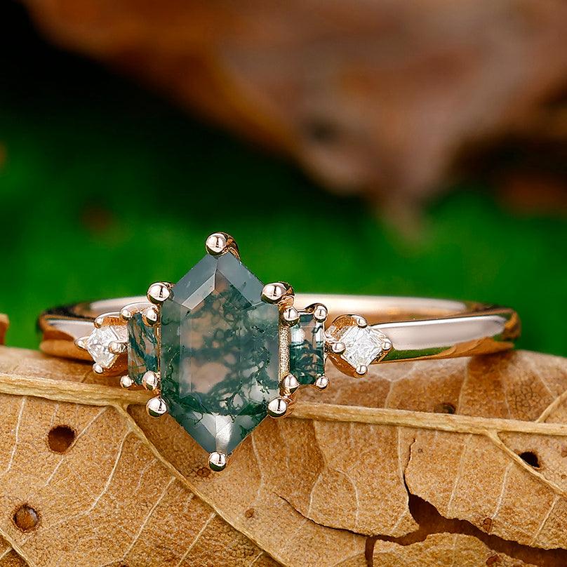 1.1CT Long Hexagon Cut Moss Agate Engagement Ring For Women Gift - Esdomera