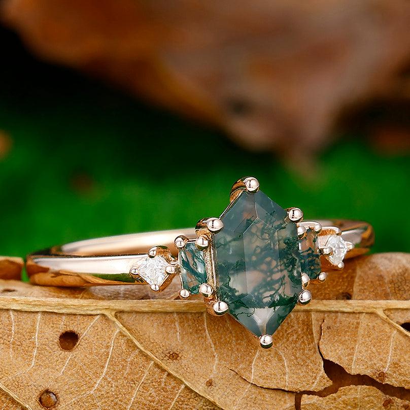 1.1CT Long Hexagon Cut Moss Agate Engagement Ring For Women Gift - Esdomera