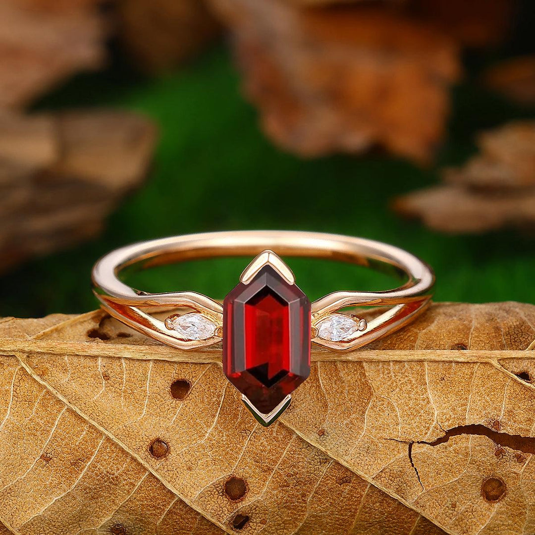 1.1CT Long Hexagon Cut Natural Red Garnet 14K Gold Bridal Anniversary Ring - Esdomera