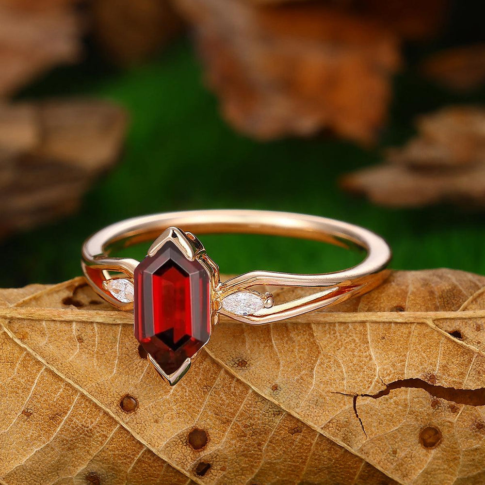 1.1CT Long Hexagon Cut Natural Red Garnet 14K Gold Bridal Anniversary Ring - Esdomera