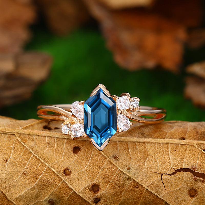 1.1CT Long hexagon Shape cross band London blue topaz Engagement ring - Esdomera