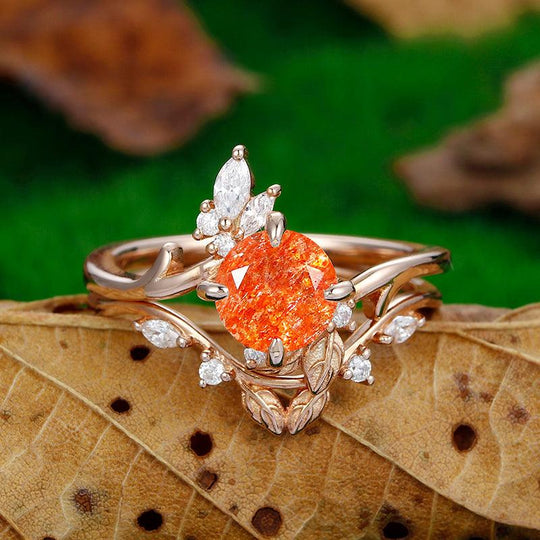 1.25 CT Round Cut 14k Rose Gold Natural Sunstone Unique Leaf Band Engagement Ring Set - Esdomera