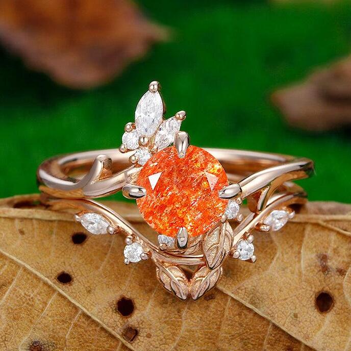 1.25 CT Round Cut 14k Rose Gold Natural Sunstone Unique Leaf Band Engagement Ring Set