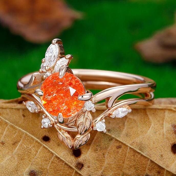 1.25 CT Round Cut 14k Rose Gold Natural Sunstone Unique Leaf Band Engagement Ring Set