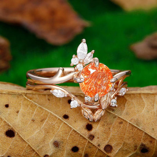 1.25 CT Round Cut 14k Rose Gold Natural Sunstone Unique Leaf Band Engagement Ring Set - Esdomera