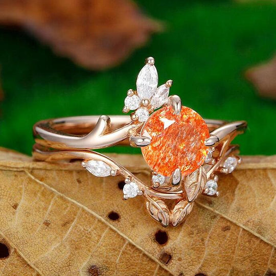 1.25 CT Round Cut 14k Rose Gold Natural Sunstone Unique Leaf Band Engagement Ring Set