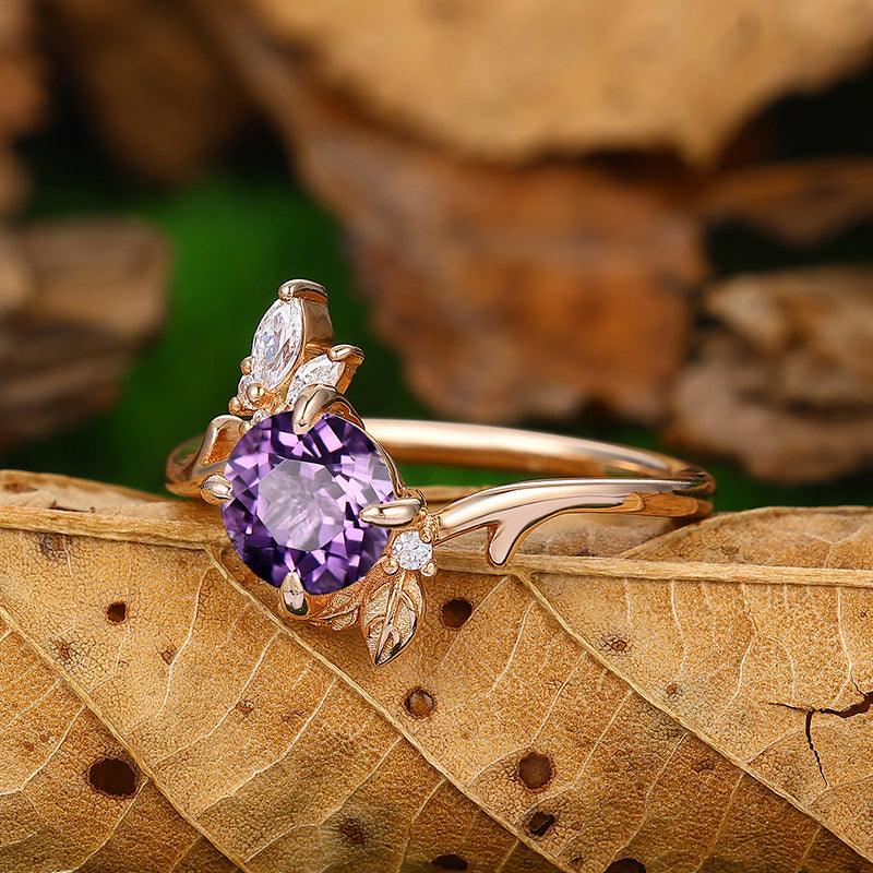 1.25 CT Round Cut 14k Rose Gold Unique Leaf Vines Natural Amethyst Bridal Ring - Esdomera