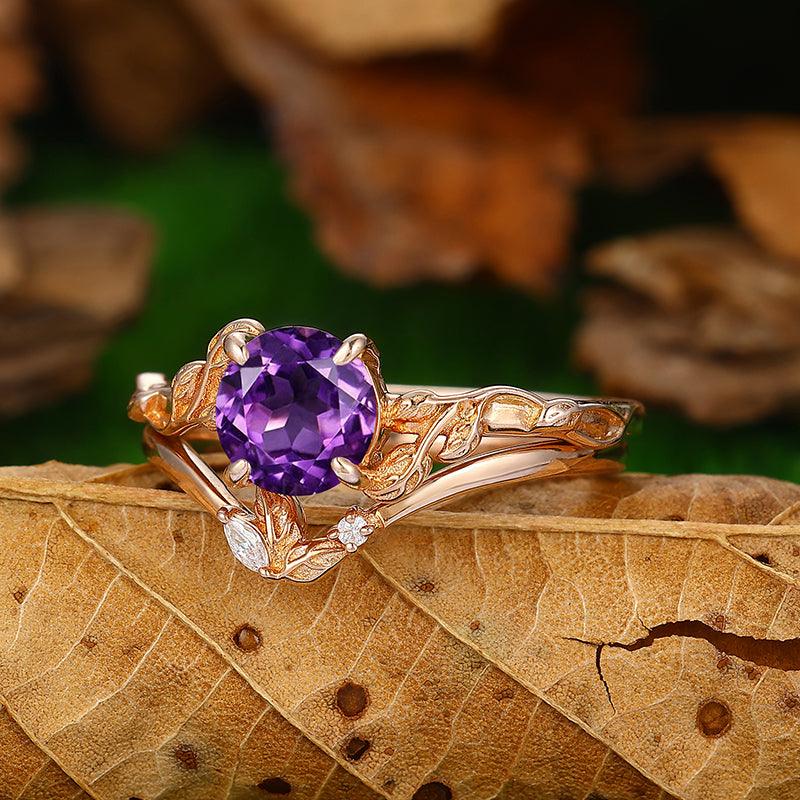 1.25 CT Round Cut Nature Inspired 14k Rose Gold Leaf Vines Natural Amethyst Engagement Ring - Esdomera