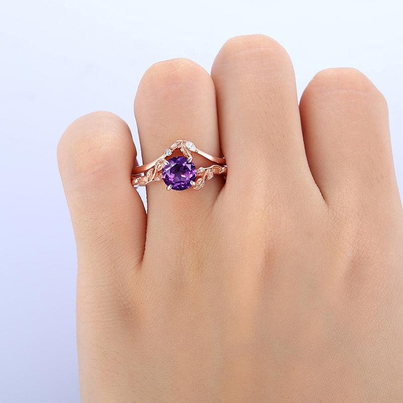 1.25 CT Round Cut Nature Inspired 14k Rose Gold Leaf Vines Natural Amethyst Engagement Ring - Esdomera