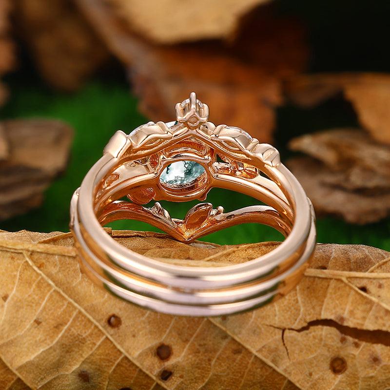 1.25 CT Round Shaped Natural Moss Agate Leaf Vines Stackable 3 Pcs Engagement Ring Set - Esdomera