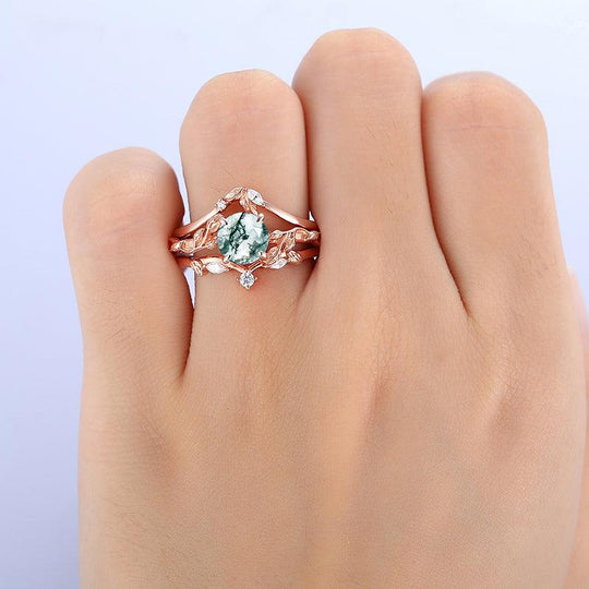1.25 CT Round Shaped Natural Moss Agate Leaf Vines Stackable 3 Pcs Engagement Ring Set - Esdomera