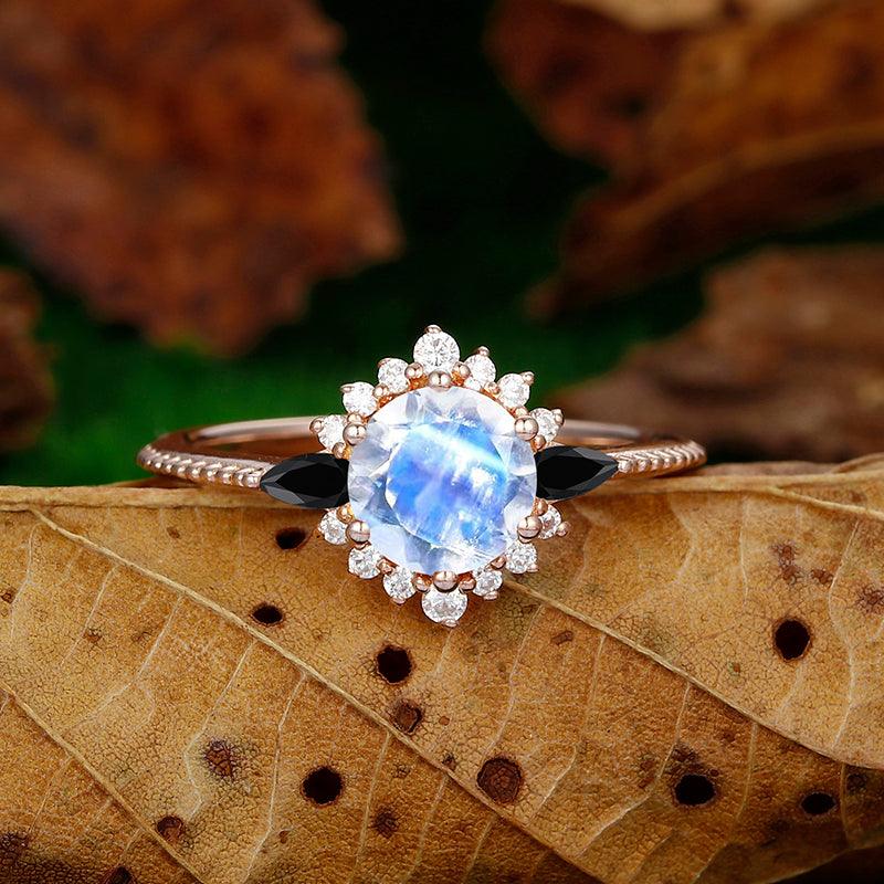1.25CT Rose Gold Round Cut Halo Moonstone Milgrain Marquise Black Agate Promise Ring Gift - Esdomera