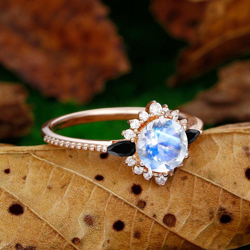 1.25CT Rose Gold Round Cut Halo Moonstone Milgrain Marquise Black Agate Promise Ring Gift - Esdomera