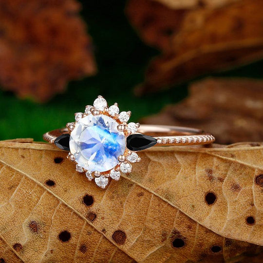 Rose Gold Round Cut Halo Moonstone Milgrain Marquise Black