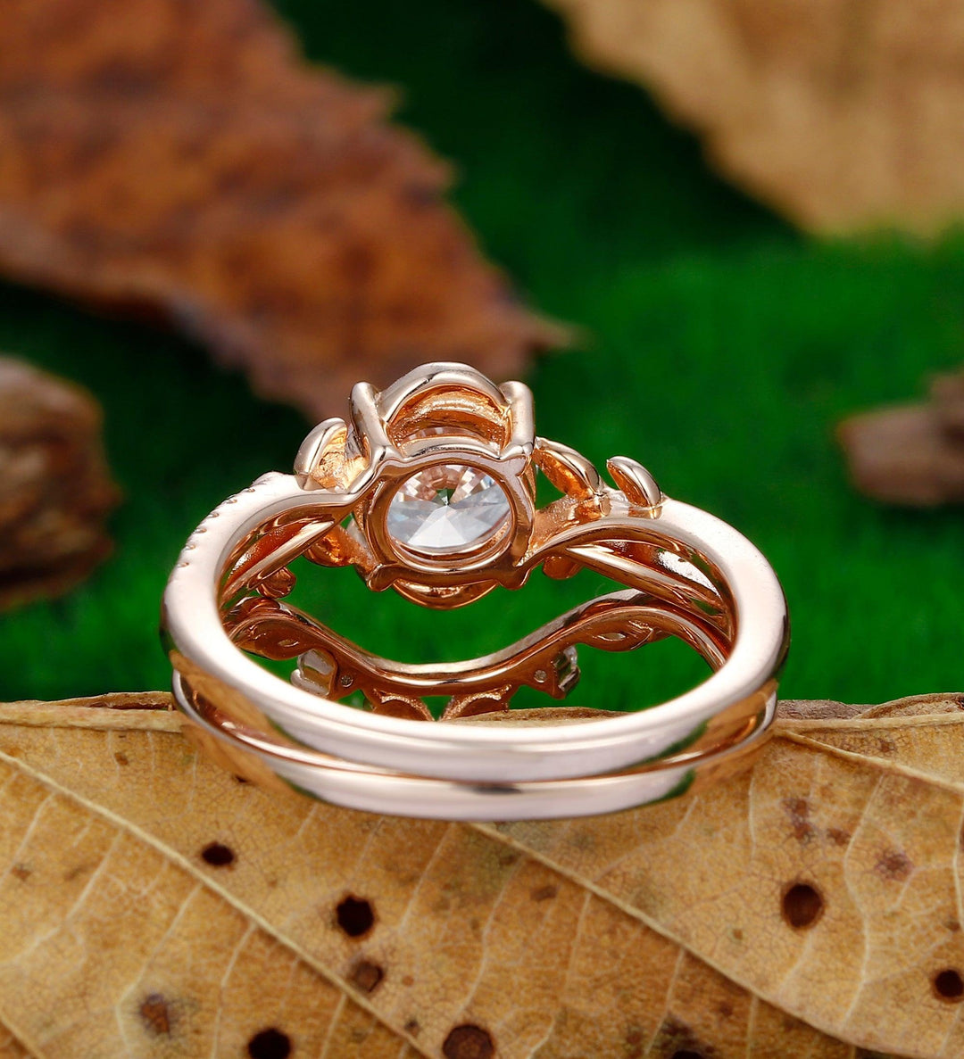 1.25CT Round Cut 7mm Moissanite Ring Set Unique Ring Leaf Design Ring Cross Shank - Esdomera