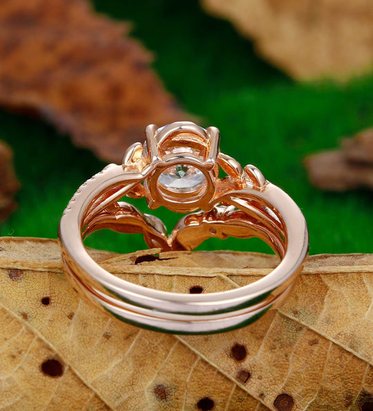 1.25CT Round Cut 7mm Moissanite Ring Set Unique Ring Leaf Design Ring - Esdomera