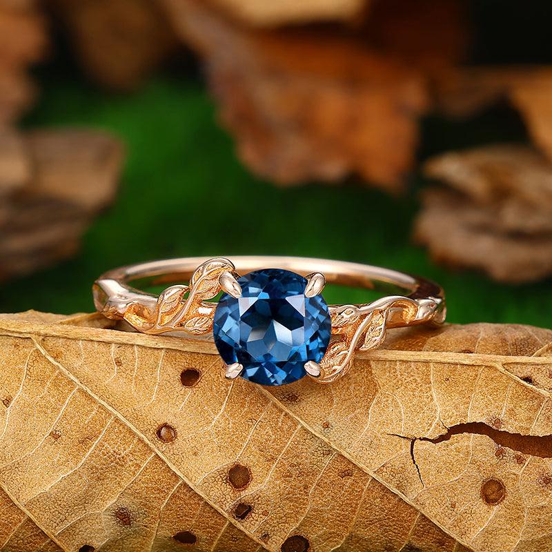 1.25CT Round Cut London blue topaz nature inspired art deco leaf ring - Esdomera