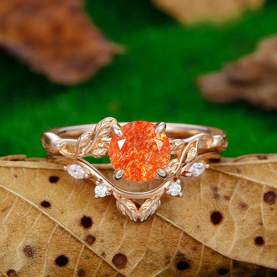 1.25CT Round Cut Rose Gold Leaf Twist Vines Natural Inspired Orange Sunstone Engagement Ring Set - Esdomera