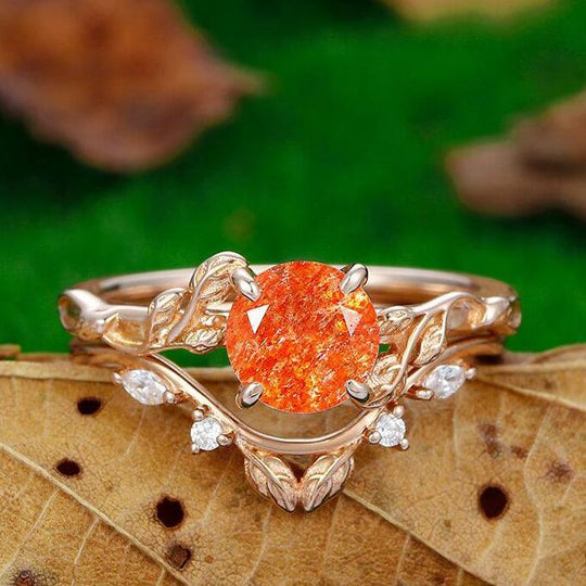 1.25CT Round Cut Rose Gold Leaf Twist Vines Natural Inspired Orange Sunstone Engagement Ring Set