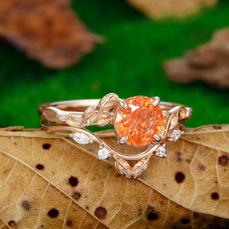 1.25CT Round Cut Rose Gold Leaf Twist Vines Natural Inspired Orange Sunstone Engagement Ring Set - Esdomera
