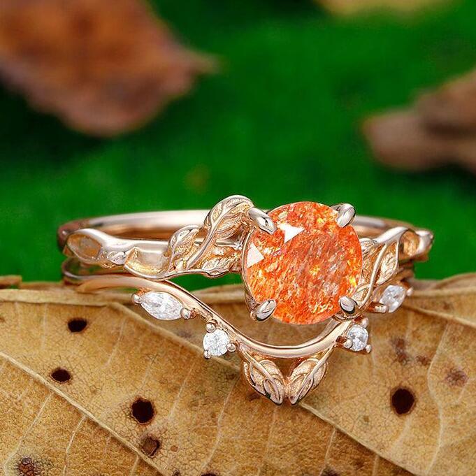 1.25CT Round Cut Rose Gold Leaf Twist Vines Natural Inspired Orange Sunstone Engagement Ring Set