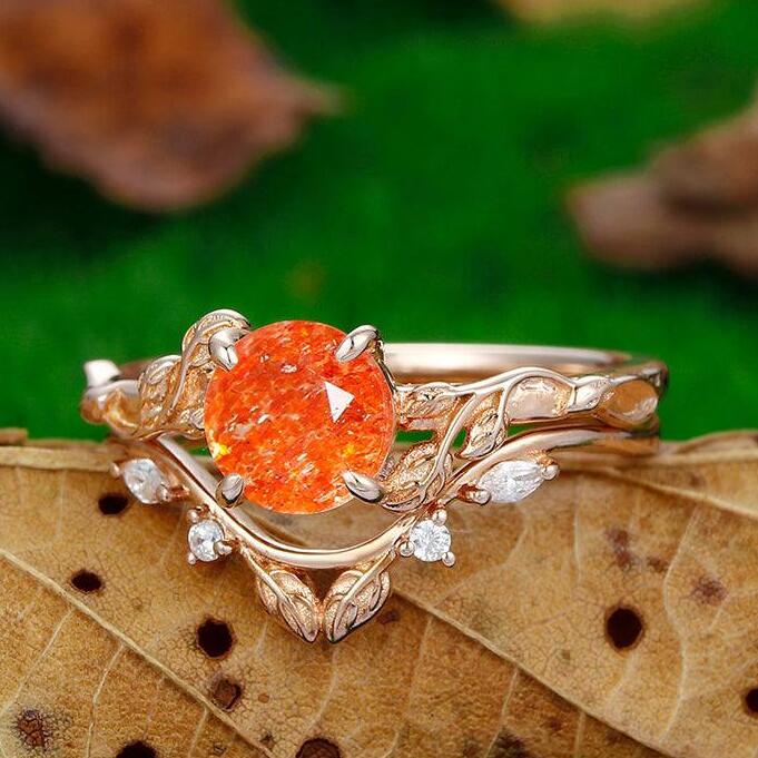 1.25CT Round Cut Rose Gold Leaf Twist Vines Natural Inspired Orange Sunstone Engagement Ring Set