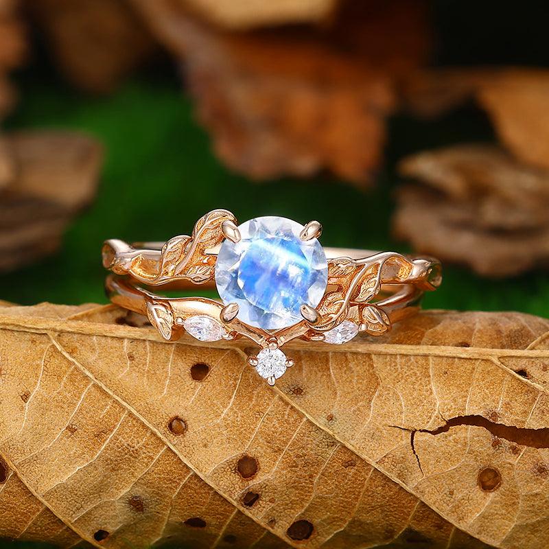 1.25CT Round Shaped 18k Rose Gold Natural Inspired Art Deco Leaf Moonstone Ring Set - Esdomera
