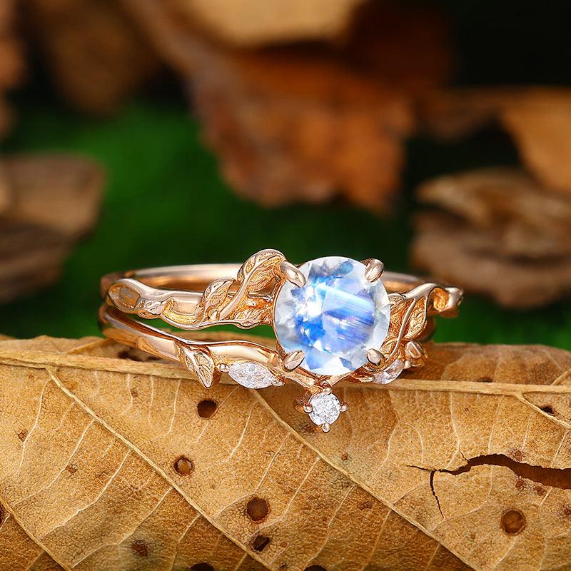 1.25CT Round Shaped 18k Rose Gold Natural Inspired Art Deco Leaf Moonstone Ring Set - Esdomera