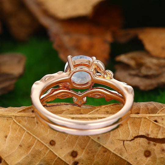1.25CT Round Shaped 18k Rose Gold Natural Inspired Art Deco Leaf Moonstone Ring Set - Esdomera