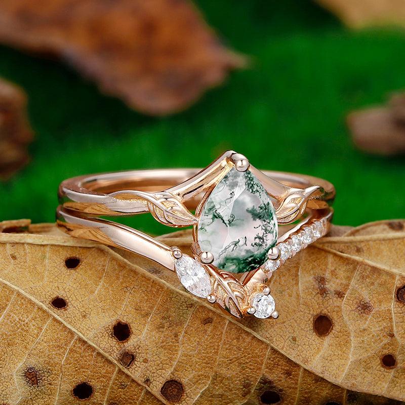 1.3 CT Pear Cut Natural Moss Agate Engagement Ring Moissanite Diamond Leaf Stacking Shaped Band - Esdomera