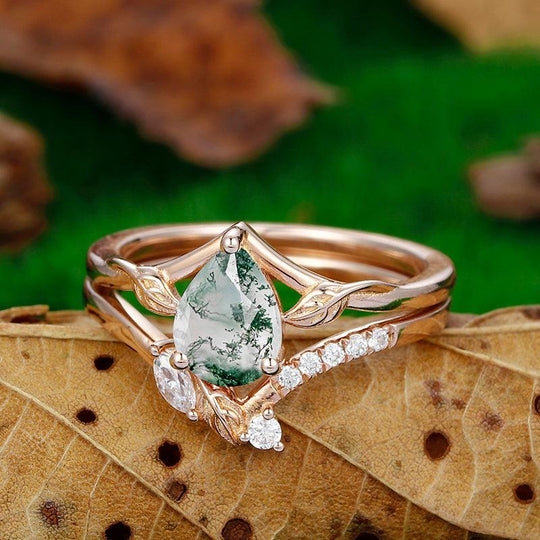 1.3 CT Pear Cut Natural Moss Agate Engagement Ring Moissanite Diamond Leaf Stacking Shaped Band - Esdomera