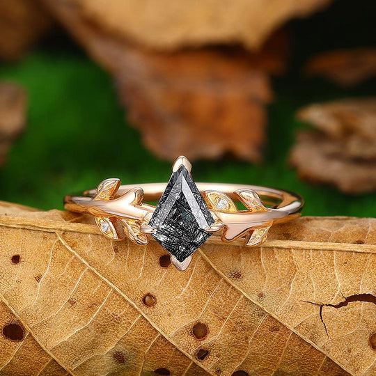1.35 Carat Kite Cut Nature Inspired Leaf Design Natural Black Rutilated Quartz Promise Gift Ring - Esdomera