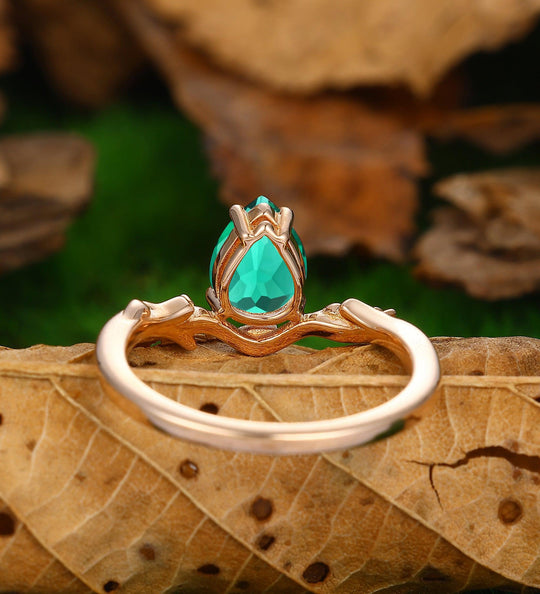 1.35 careat pear cut emerald enaggement ring half eternity leaf branch design 14k soild gold - Esdomera