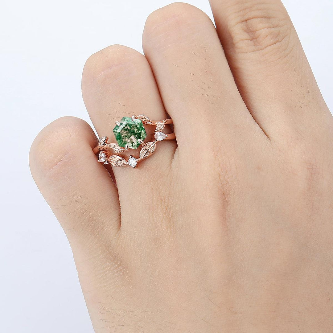 1.35 CT 14k Rose Gold Art Deco Hexagon Cut Natural Moss Agate Engagement Ring Set - Esdomera