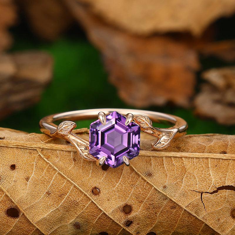 1.35 CT Hexagon Cut 14k Rose Gold leaf Design Natural Amethyst Engagement Ring - Esdomera