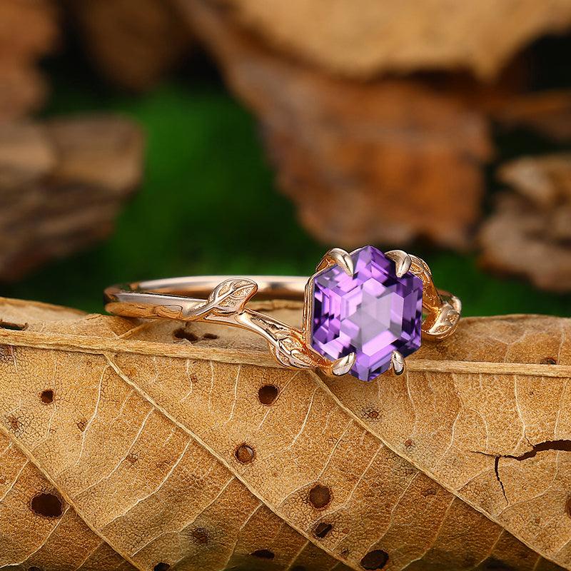 1.35 CT Hexagon Cut 14k Rose Gold leaf Design Natural Amethyst Engagement Ring - Esdomera