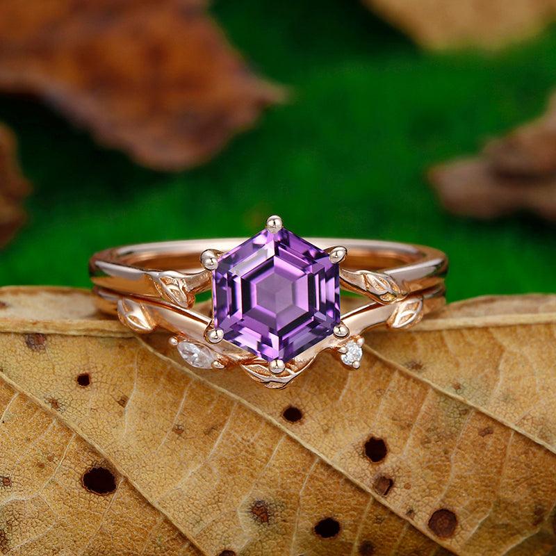 1.35 CT Hexagon Cut 18k Rose Gold Art Deco Leaf Natural Amethyst Ring - Esdomera