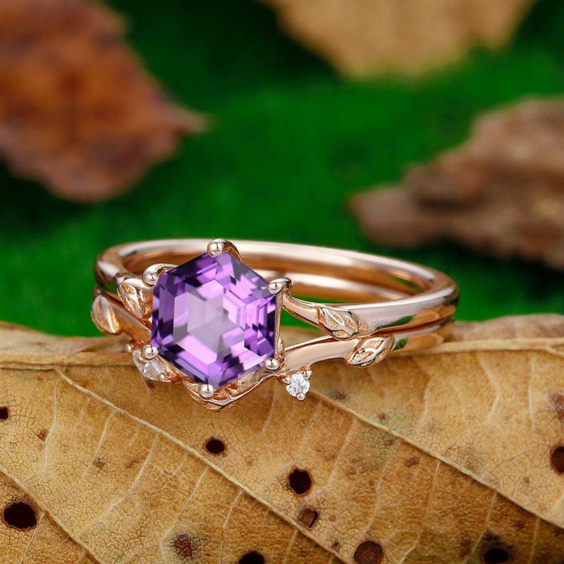 1.35 CT Hexagon Cut 18k Rose Gold Art Deco Leaf Natural Amethyst Ring - Esdomera
