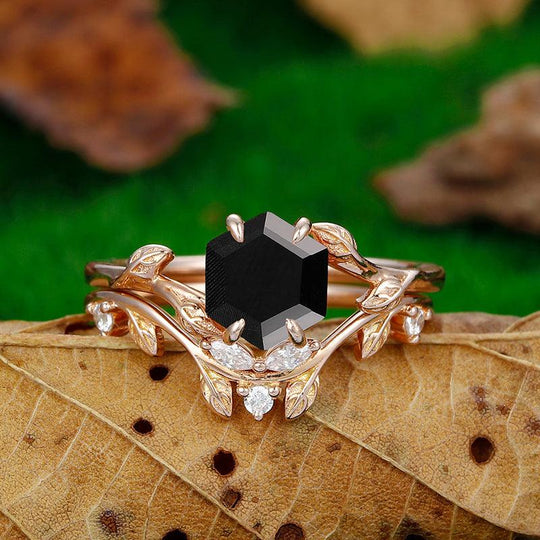 1.35 CT Hexagon Cut Art Deco Natural Black Onyx Twist Leaf Design Sterling Sliver Bridal Ring Set - Esdomera