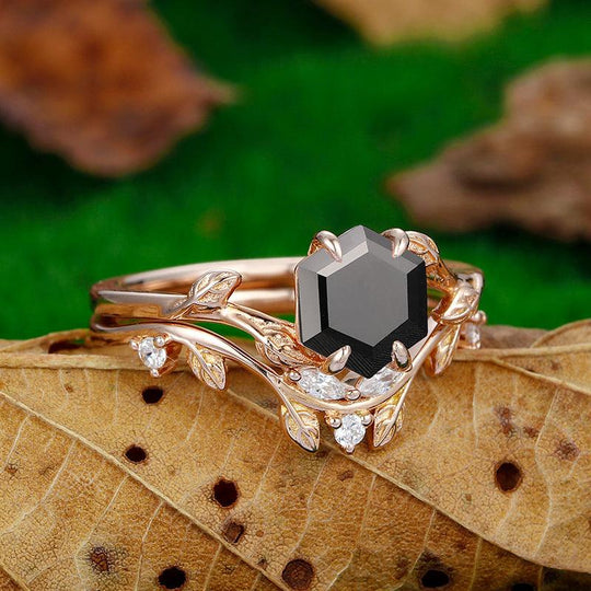 1.35 CT Hexagon Cut Art Deco Natural Black Onyx Twist Leaf Design Sterling Sliver Bridal Ring Set - Esdomera