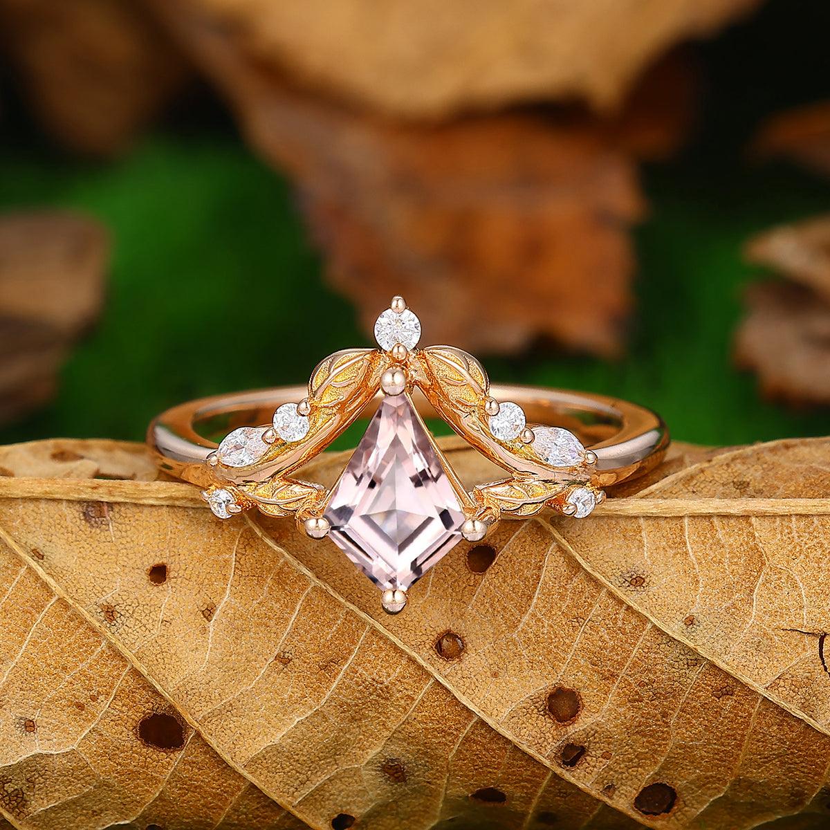 1.35 CT Kite Cut Art Deco 14k Gold Natural Pink Morganite Leaf Diamond Crown Shank - Esdomera